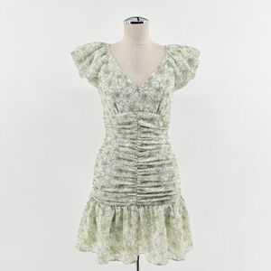 En Saison‎ Monique Ruched Floral Mini Dress Size S Romantic Green Puff Sleeve